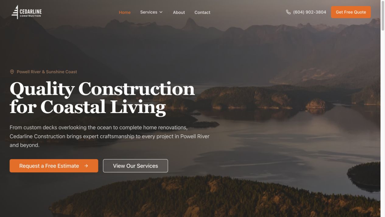 Screenshot of the Cedarline Construction website