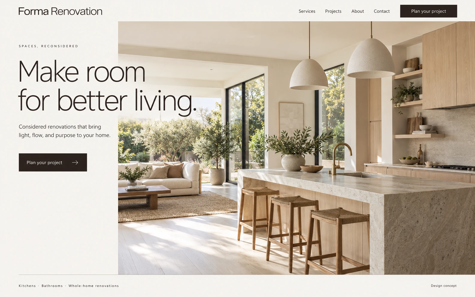 Renovation contractor website design concept for a fictional brand