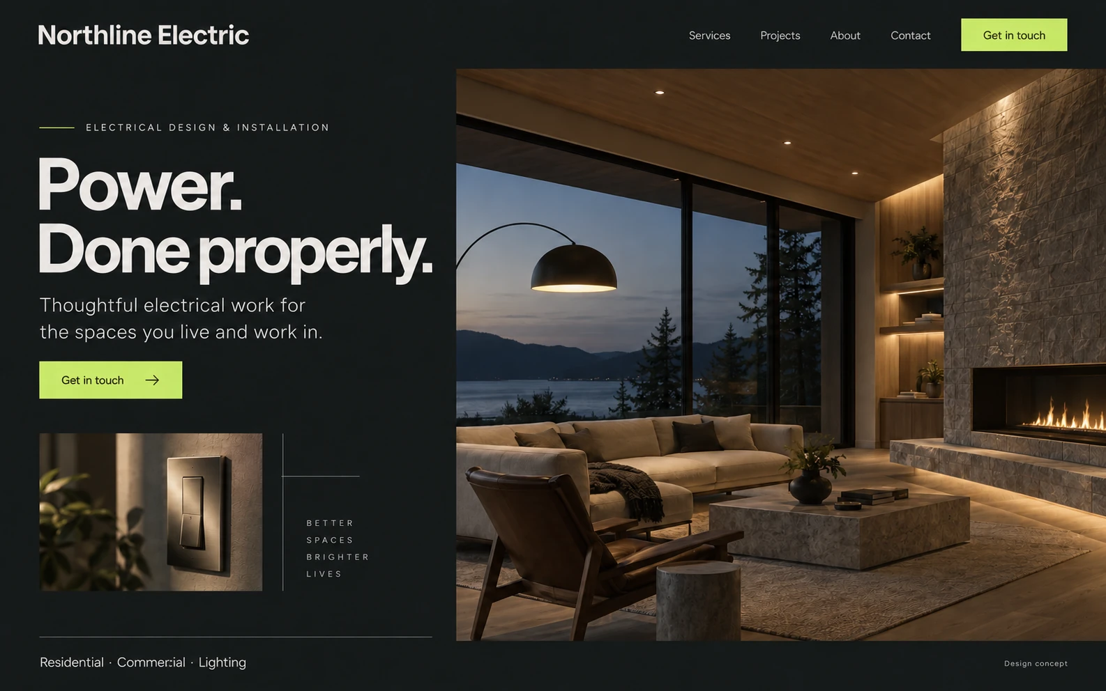 Electrical contractor website design concept for a fictional brand