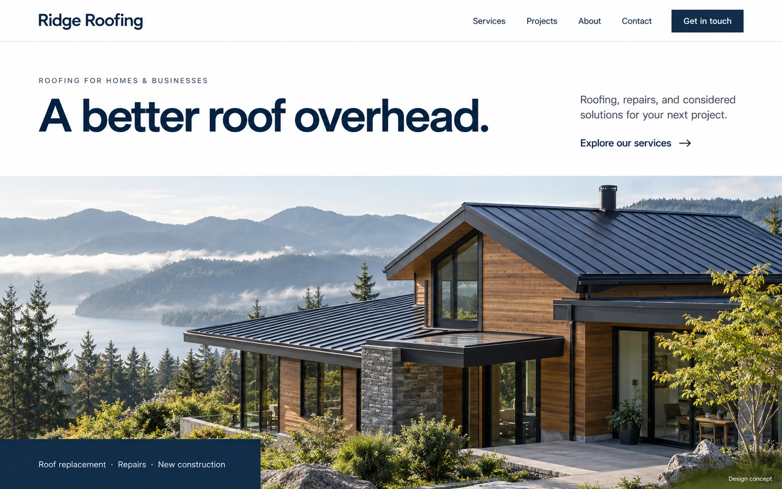 Roofing contractor website design concept for a fictional brand